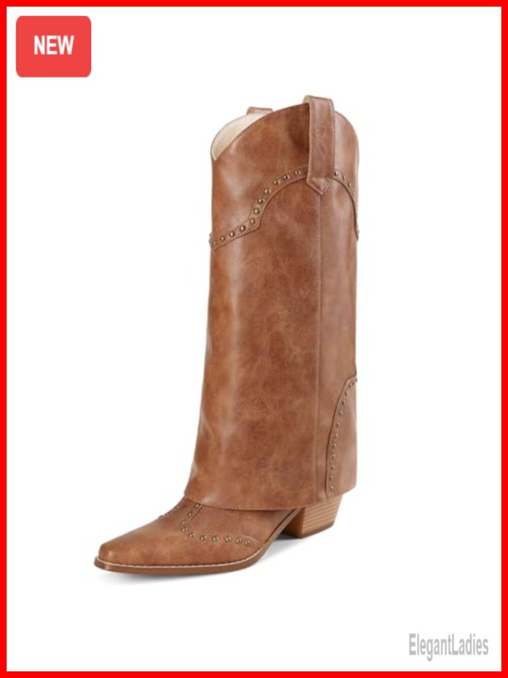 Faux Leather Knee High Shark Boots Studded Fold Over Chunky Heel